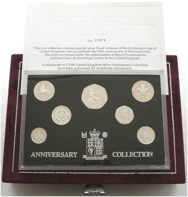 1996 United Kingdom 25th Anniversary of Decimalisation Silver Proof 7 Coin Set Box Coa