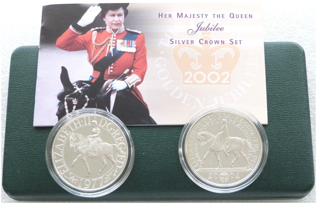 1977 - 2002 Golden Jubilee Silver Proof Crown 2 Coin Set Box Coa