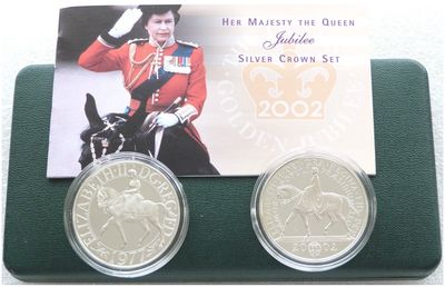 1977 - 2002 Golden Jubilee Silver Proof Crown 2 Coin Set Box Coa