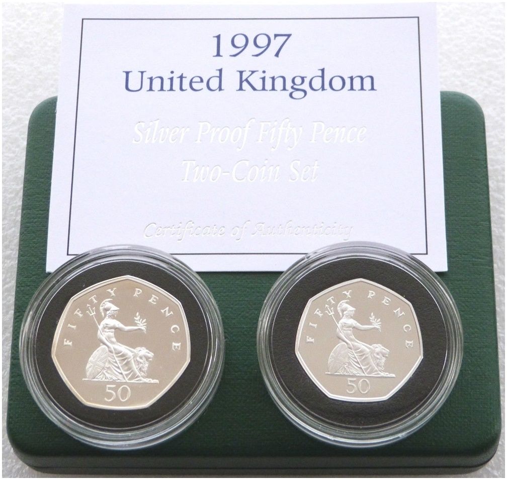 1997 Large and Small Britannia 50p Silver Proof 2 Coin Set Box Coa