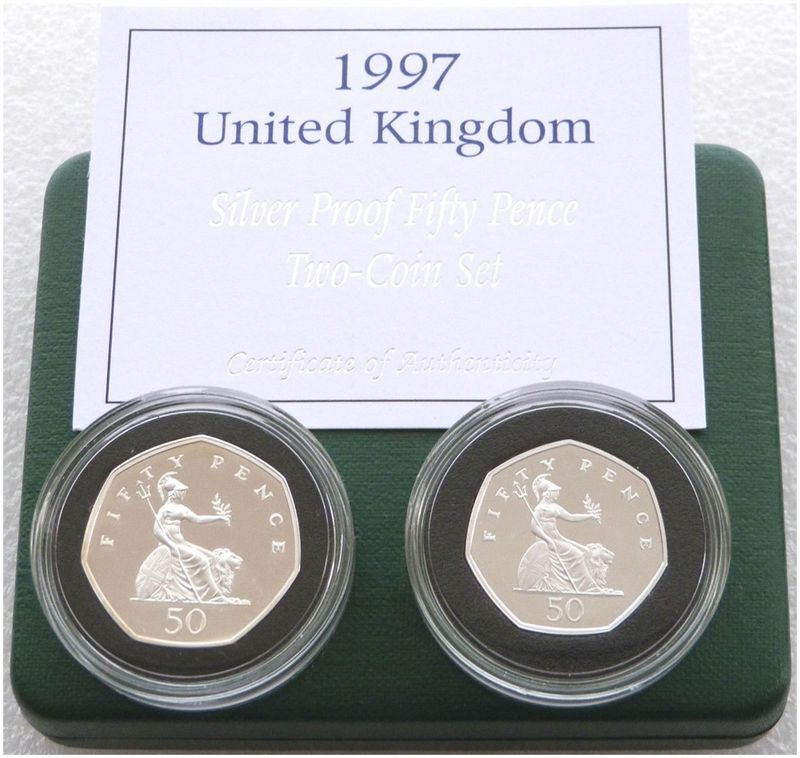 1997 Large and Small Britannia 50p Silver Proof 2 Coin Set Box Coa