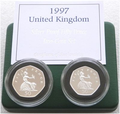 1997 Large and Small Britannia 50p Silver Proof 2 Coin Set Box Coa
