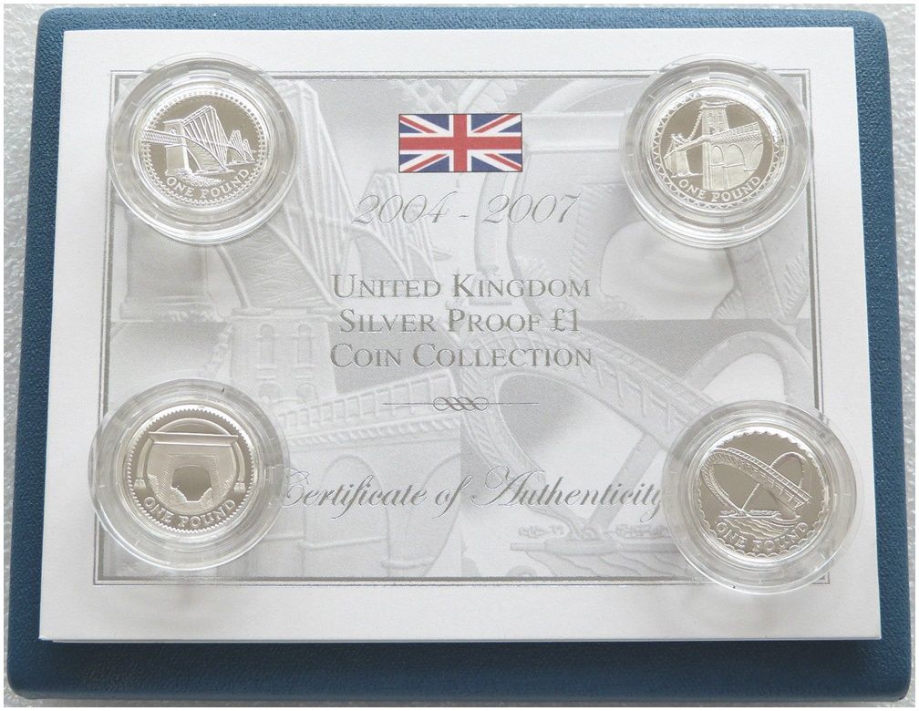 2004 - 2007 United Kingdom Bridges £1 Silver Proof 4 Coin Set Box Coa