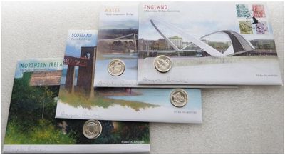 2003 United Kingdom Bridges Pattern £1 Silver Proof 4 Coin Set First Day Cover