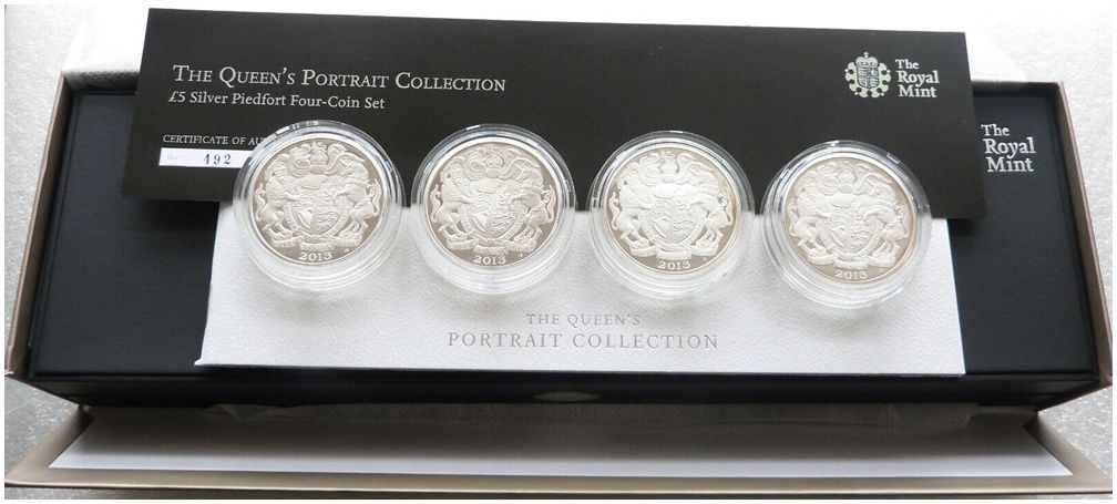 2013 Queens Portrait Piedfort £5 Silver Proof 4 Coin Set Box Coa