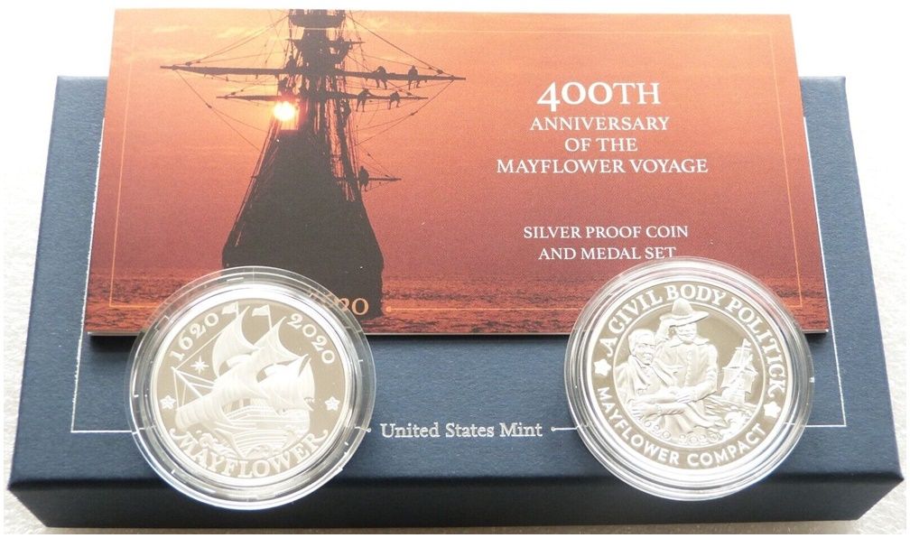 2020 Mayflower Voyage Silver Proof Coin and Medal Set Box Coa