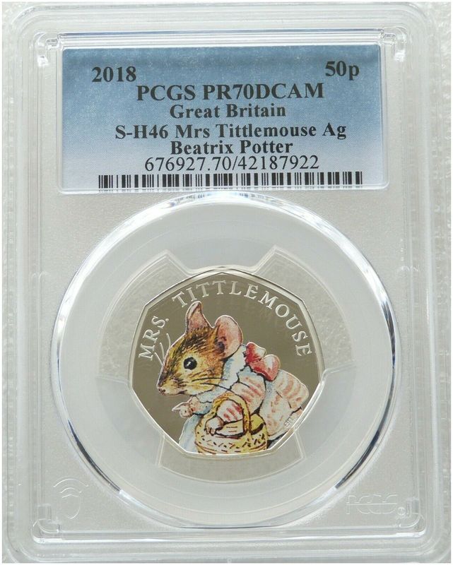 2018 Mrs Tittlemouse 50p Silver Proof Coin PCGS PR70 DCAM 2018 Mrs Tittlemouse 50p Silver Proof Coin PCGS PR70 DCAM