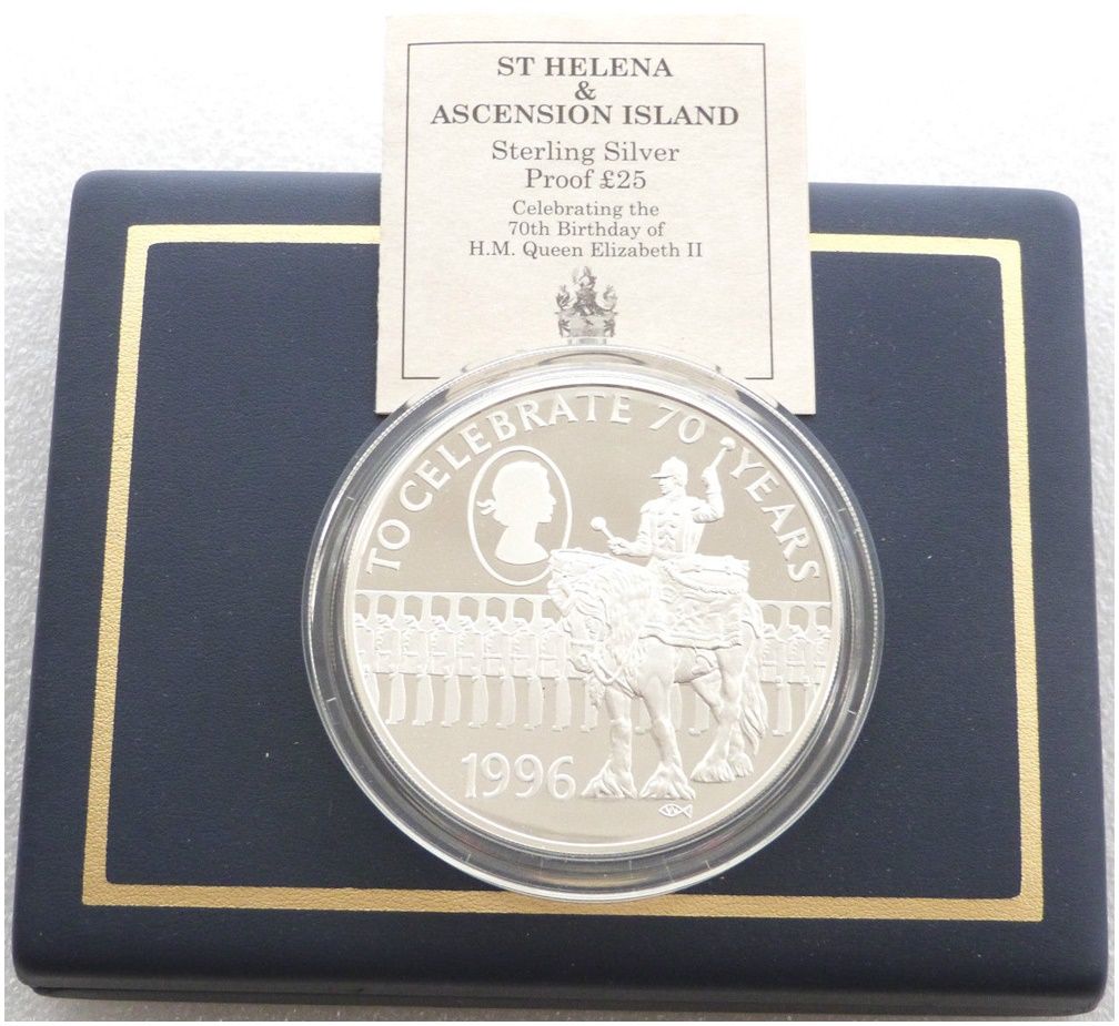 1996 Saint Helena Ascension Islands Queens 70th Birthday £25 Silver Proof 5oz Coin Box Coa