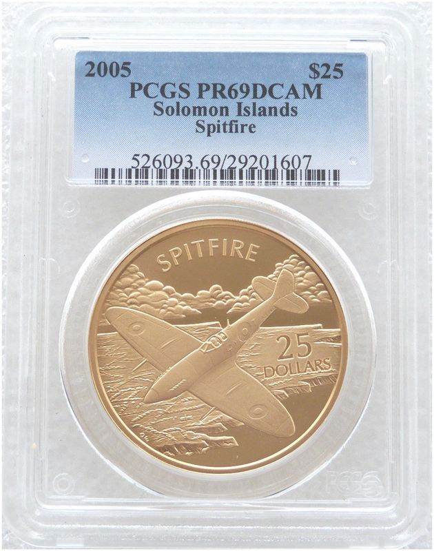 2005 Solomon Islands History Powered Flight Spitfire $25 Silver Gold Proof 1oz Coin PCGS PR69 DCAM