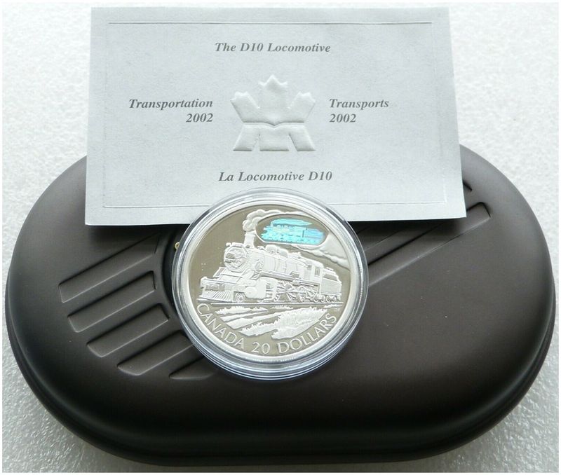 2002 Canada Transportation Locomotive D10 Hologram $20 Silver Proof Coin Box Coa