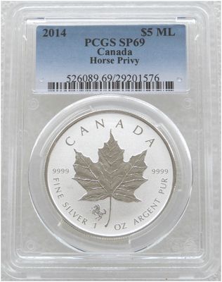 2014 Canada Maple Leaf Horse Privy $5 Silver Reverse Proof 1oz Coin PCGS SP69