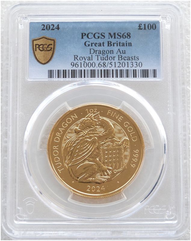 2024 Royal Tudor Beasts Tudor Dragon £100 Gold 1oz Coin PCGS MS68