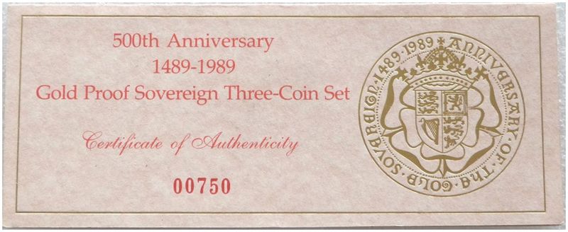 1989 Tudor Rose Sovereign Gold Proof 3 Coin Set Certificate Only