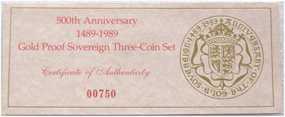 1989 Tudor Rose Sovereign Gold Proof 3 Coin Set Certificate Only