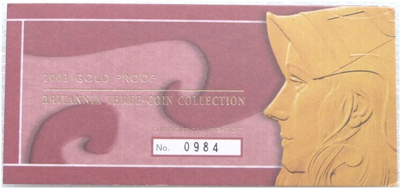 2003 Britannia Gold Proof 3 Coin Set Certificate of Authenticity Only