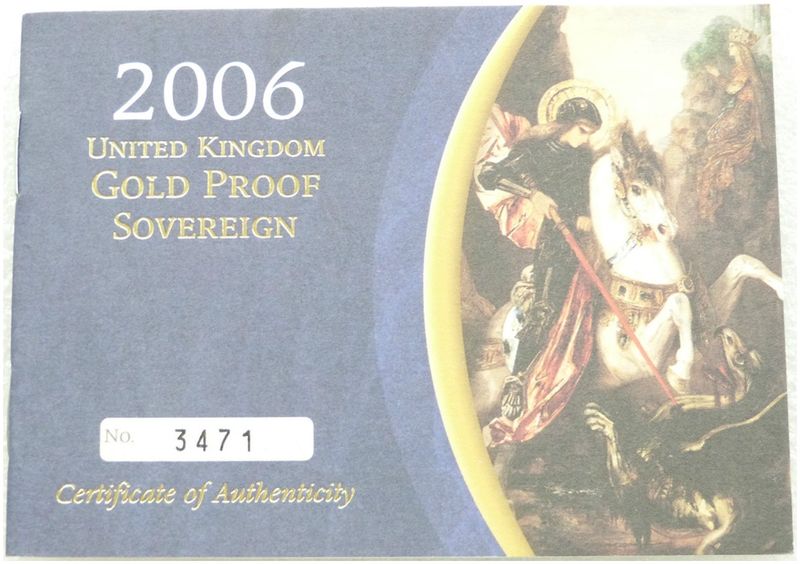 2006 St George and the Dragon Full Sovereign Gold Proof Coin Certificate Only