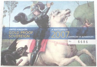 2007 St George and the Dragon Full Sovereign Gold Proof Coin Certificate Only