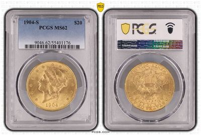 1904-S American Eagle Liberty Head $20 Double Eagle Gold Coin PCGS MS62