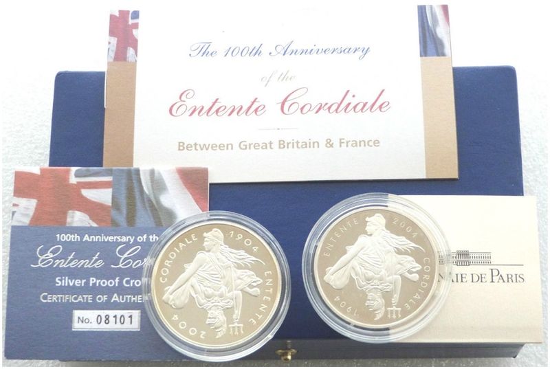 2004 United Kingdom France Entente Cordiale Silver Proof 2 Coin Set Box Coa
