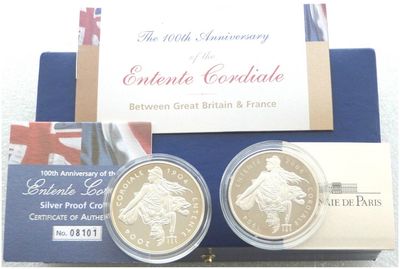 2004 United Kingdom France Entente Cordiale Silver Proof 2 Coin Set Box Coa