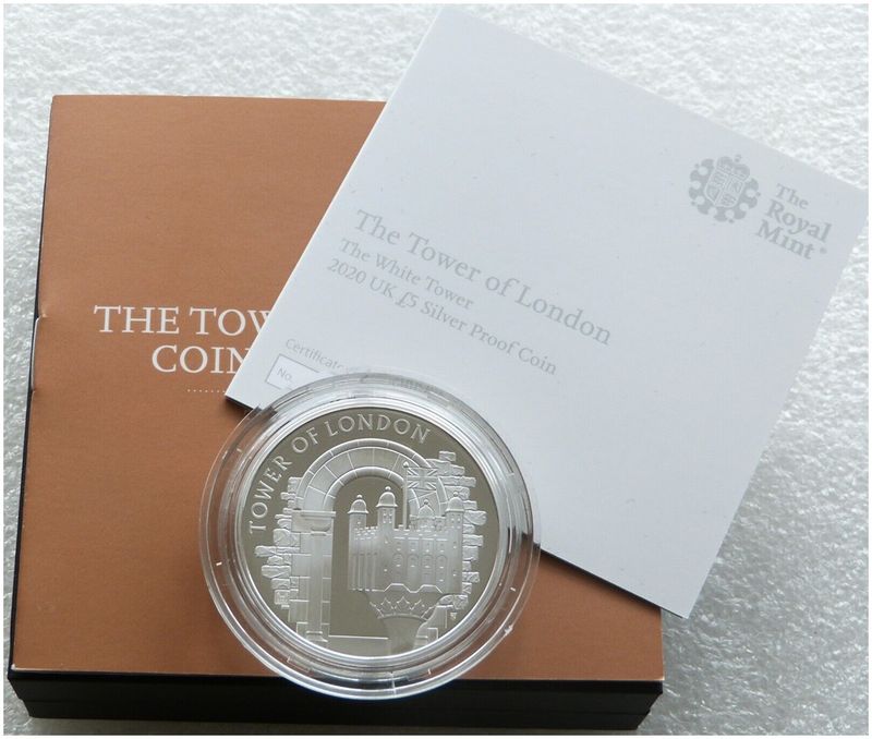 2020 Tower of London White Tower £5 Silver Proof Coin Box Coa