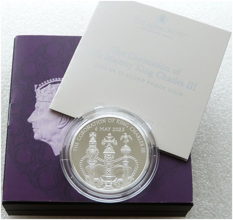 2023 King Charles III Coronation £5 Five Pound Silver Proof Coin Box Coa