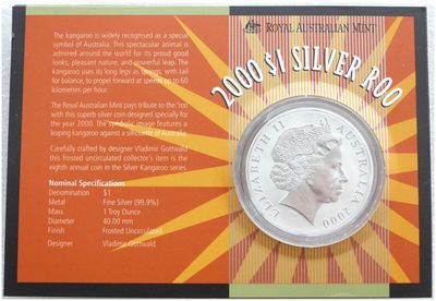 2000 Australia Kangaroo $1 Frosted Silver 1oz Coin Mint Pack