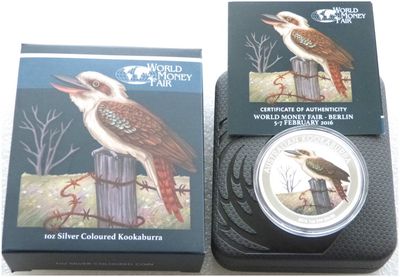 2016 Australia Berlin World Money Fair Kookaburra Colour $1 Silver 1oz Coin Box Coa