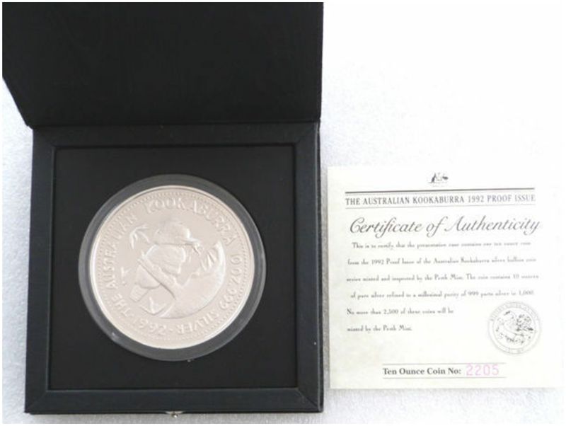 1992 Australia Kookaburra $10 Silver Proof 10oz Coin Box Coa