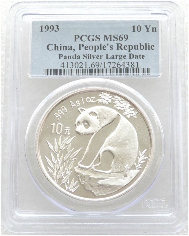 1993-LD China Large Date Panda 10 Yuan Silver 1oz Coin PCGS MS69