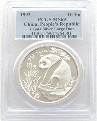1993-LD China Large Date Panda 10 Yuan Silver 1oz Coin PCGS MS69