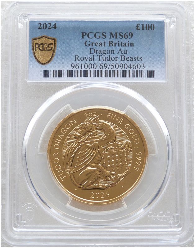 2024 Royal Tudor Beasts Tudor Dragon £100 Gold 1oz Coin PCGS MS69