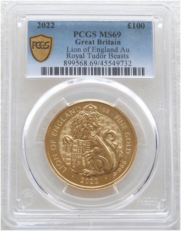 2022 Royal Tudor Beasts Lion of England £100 Gold 1oz Coin PCGS MS69