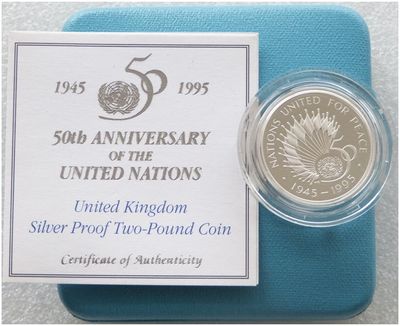 1995 United Nations £2 Silver Proof Coin Box Coa