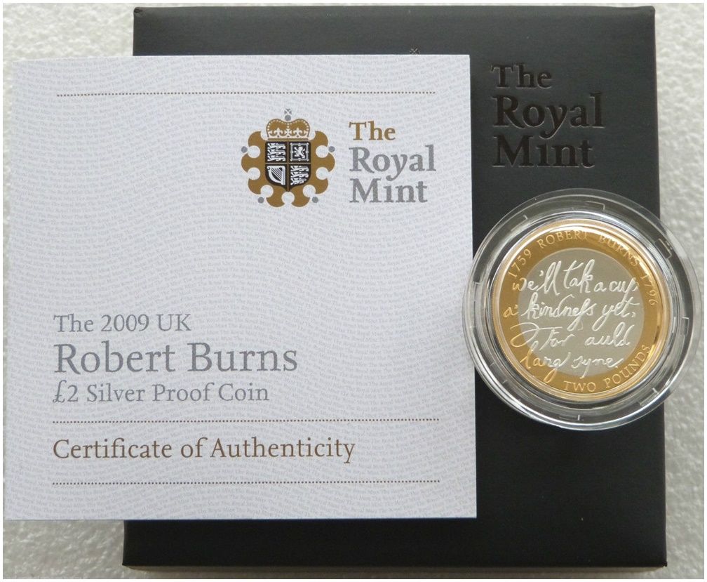 2009 Robert Burns £2 Silver Proof Coin Box Coa