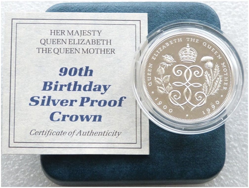 1990 Queen Mother 90th Birthday £5 Silver Proof Coin Box Coa