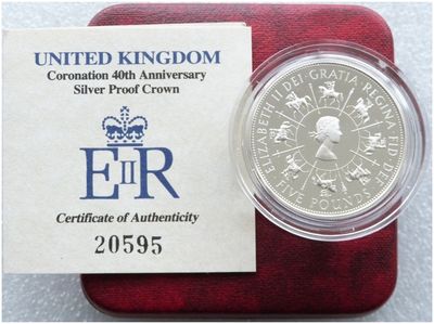 1993 Queens Coronation £5 Silver Proof Coin Box Coa