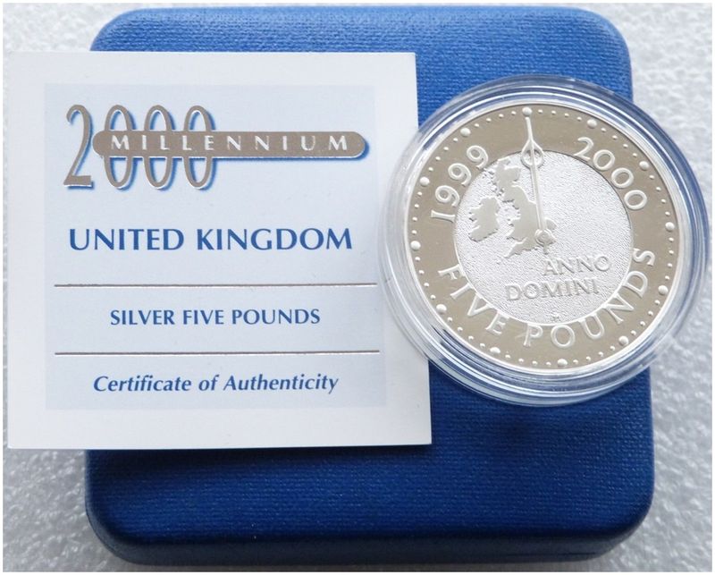 1999 Millennium Anno Domini £5 Silver Proof Coin Box Coa