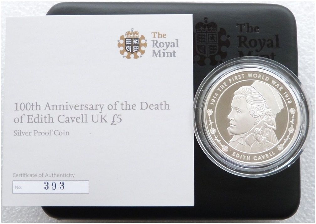 2015 First World War Edith Cavell £5 Silver Proof Coin Box Coa - Mintage 500