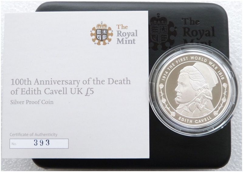 2015 First World War Edith Cavell £5 Silver Proof Coin Box Coa - Mintage 500