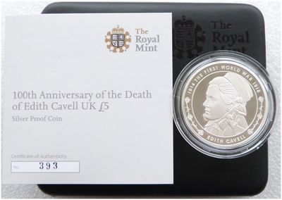 2015 First World War Edith Cavell £5 Silver Proof Coin Box Coa - Mintage 500