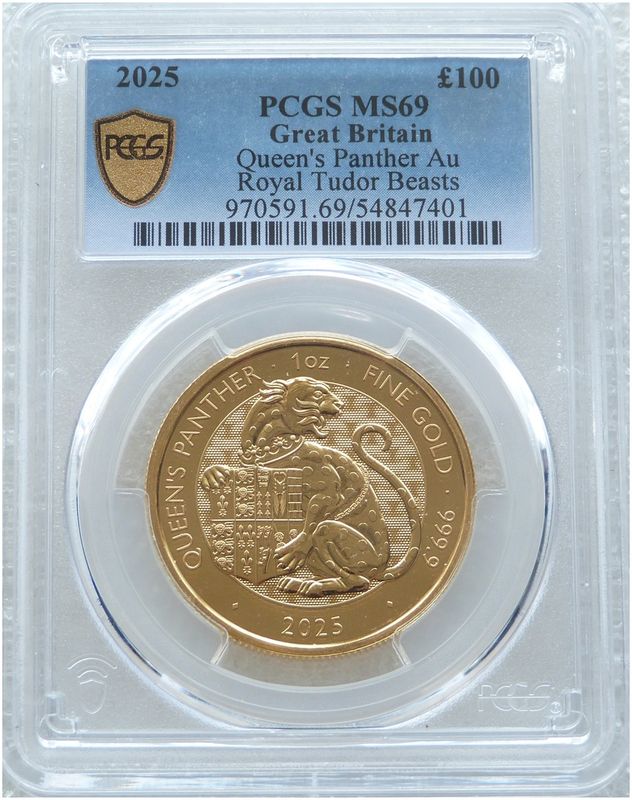 2025 Royal Tudor Beasts Queens Panther £100 Gold 1oz Coin PCGS MS69