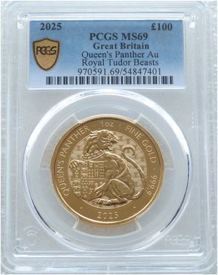 2025 Royal Tudor Beasts Queens Panther £100 Gold 1oz Coin PCGS MS69