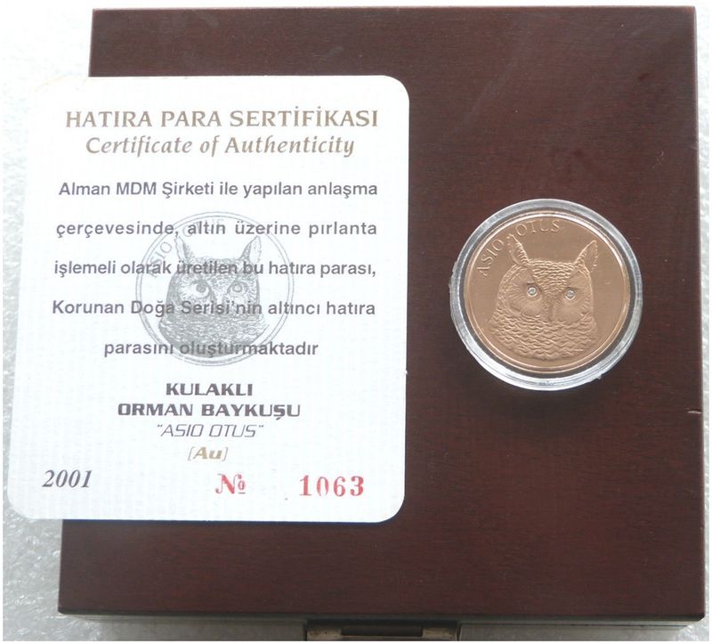 2000 Turkey Asio Otus Owl 50,000,000 Lira Gold Proof Coin Box Coa With Diamonds