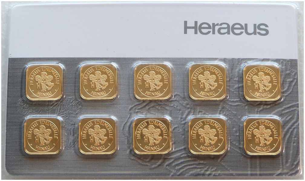 10 x 1 Gram Heraeus Swiss Multicard Gold Bar Fine 999.9% Gold Bullion Bar Ingot Certified Sealed