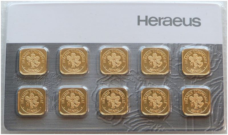 10 x 1 Gram Heraeus Swiss Multicard Gold Bar Fine 999.9% Gold Bullion Bar Ingot Certified Sealed