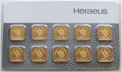 10 x 1 Gram Heraeus Swiss Multicard Gold Bar Fine 999.9% Gold Bullion Bar Ingot Certified Sealed