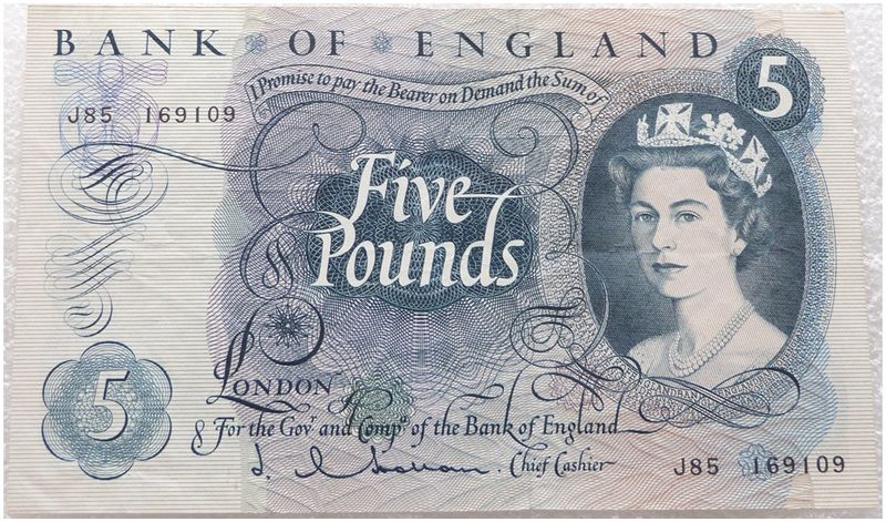 1963 - 1967 Bank of England J Q Hollom Blue £5 Five Pound Banknote (A01 to R19)