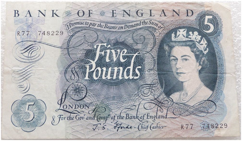 1967 - 1968 Bank of England J S Fforde Blue £5 Five Pound Banknote (R20 to Z99)