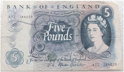 1967 - 1968 Bank of England J S Fforde Blue £5 Five Pound Banknote (R20 to Z99)